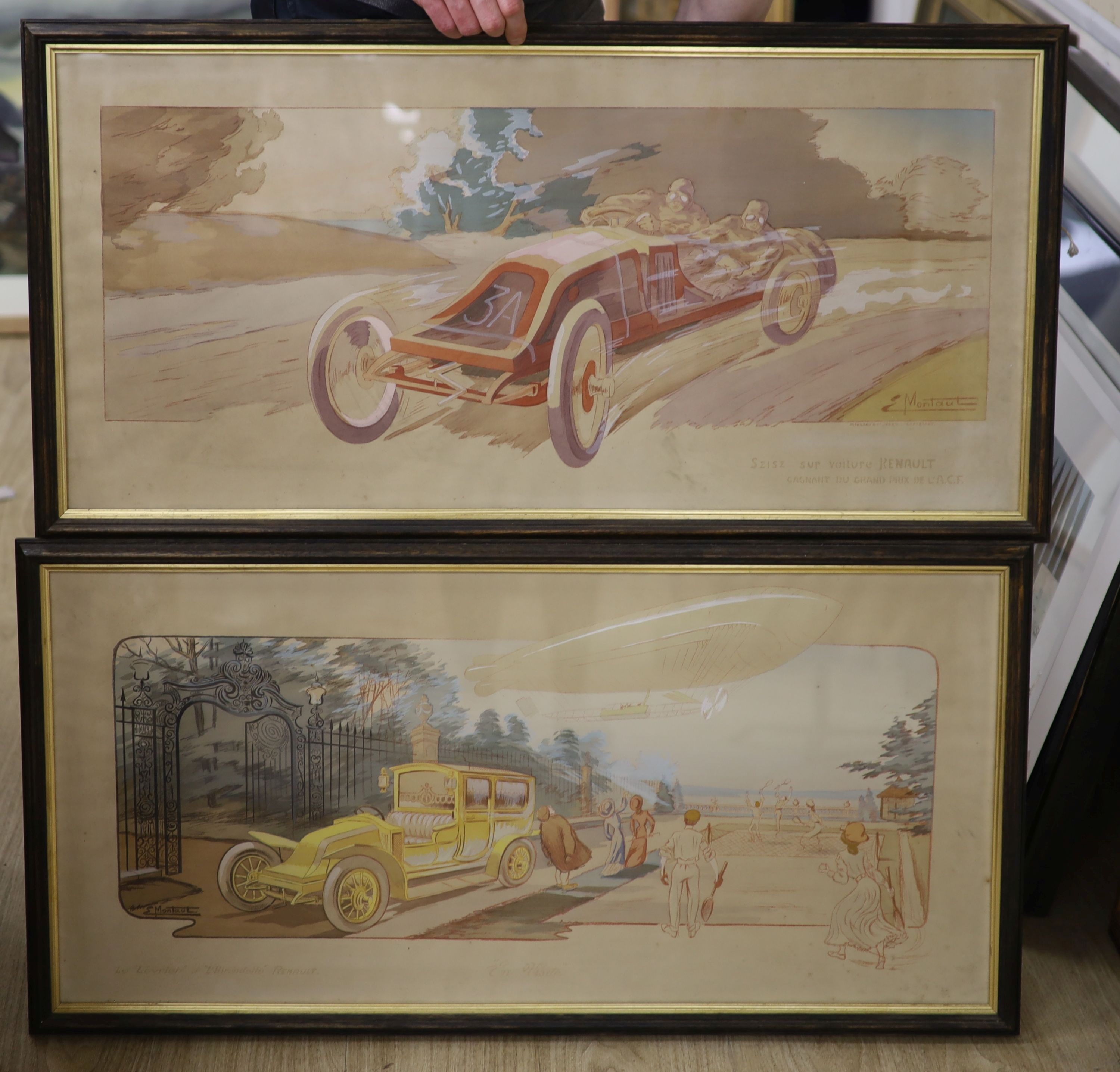 Ernest Montant (1879-1909), lithograph, 'En Visite: Le Levrier et L'Hirondelle Renault' and companion piece, 41.5 x 87cm